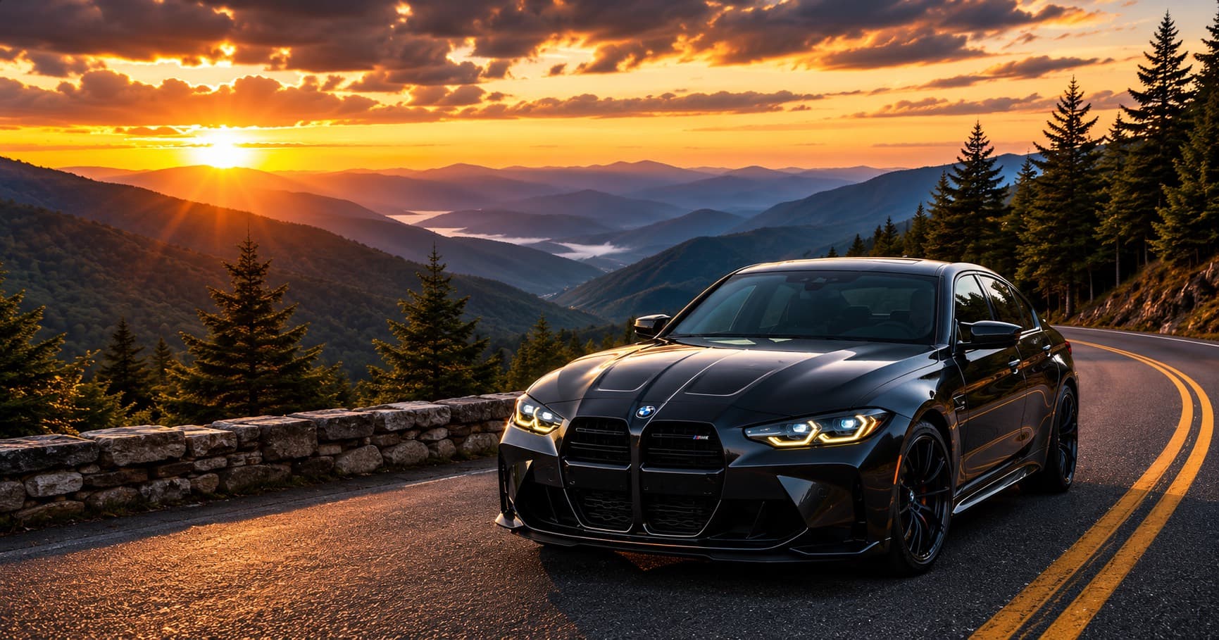 BMW M3 on a Smoky Mountain road at sunset